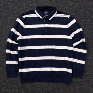 J. Crew Authentic Fleece Mens XL Rugby Sweatshirt Navy White Striped Polo Collar